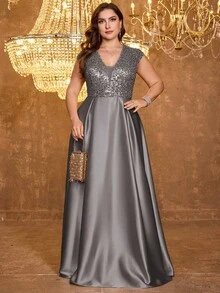 XUIBOL 亮片缎面拼接V领A字连衣裙，正式优雅大码女士晚礼服（重工装饰），适合舞会、婚礼宾客、毕业典礼、晚宴等场合。 - 深灰色 - 查看 6