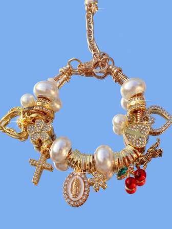 1pc Religious Virgin Mary Charm Bracelet, 1pc Religious Cross Bracelet, 1pc Fashionable Cherry Blossom DIY Bracelet, 1pc Fashionable Heart Cross Bracelet, 1pc Cherry Leopard Bracelet