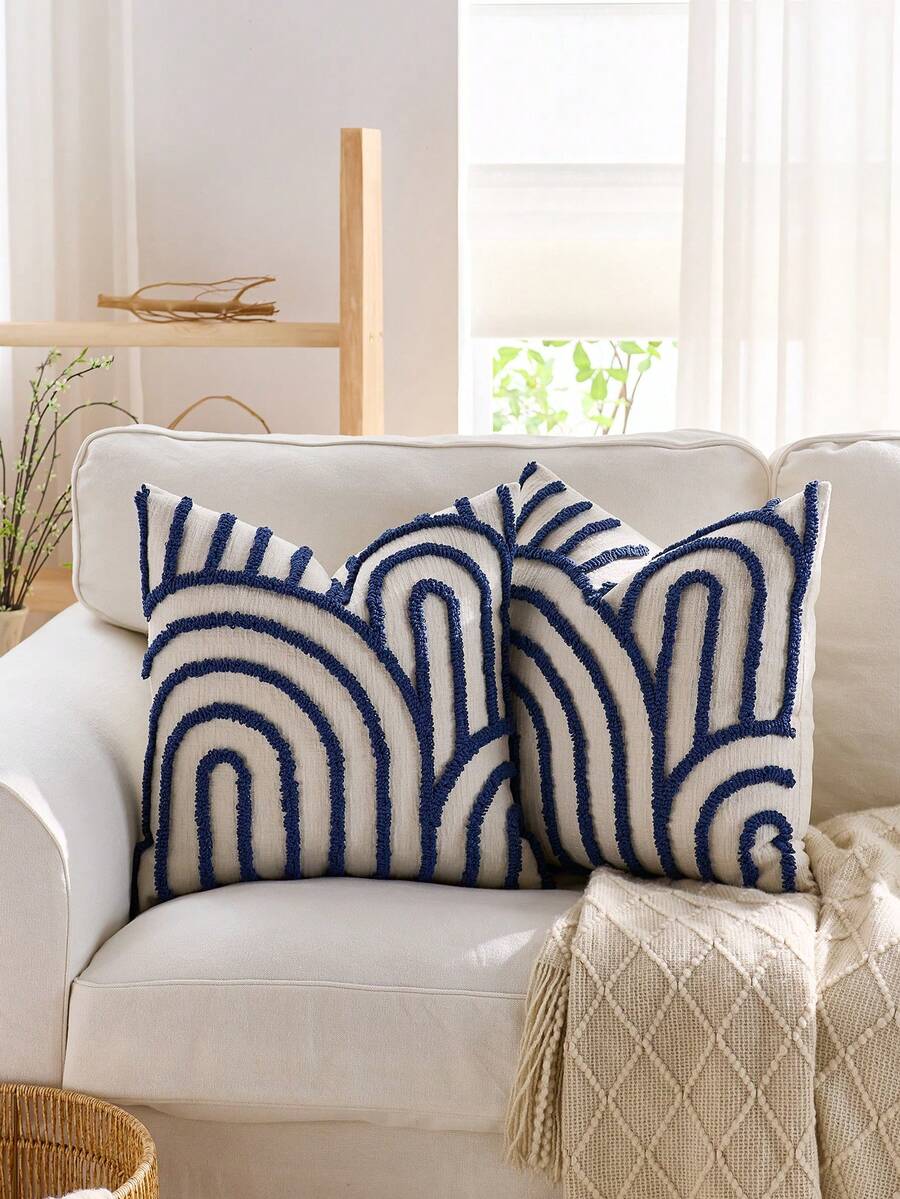 1 件/2 件套半圆形几何图案枕套，帆布圆形天鹅绒刺绣精制方形靠垫套，适用于卧室、客厅、沙发、庭院、花园装饰的日常使用，不含芯 30*50cm 45*45cm - 藍色 - 查看 1