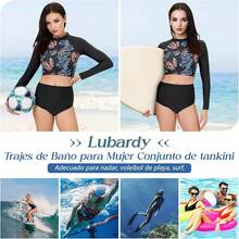 Lubardy Traje de Baño Mujer Completo,Traje de Baño Dos Piezas para Mujer Manga Larga,Bañador para Playa,Surf,Piscina - Negro - Ver 9