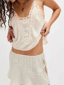 Womens Y2K Satin Side Tie Tank Tops Flower Embroidery Lace Trim Bohemia Cami Adjustable Spaghetti Strap Camisole Sleeveless V Neck Going Out Tops - 白色 - 查看 1