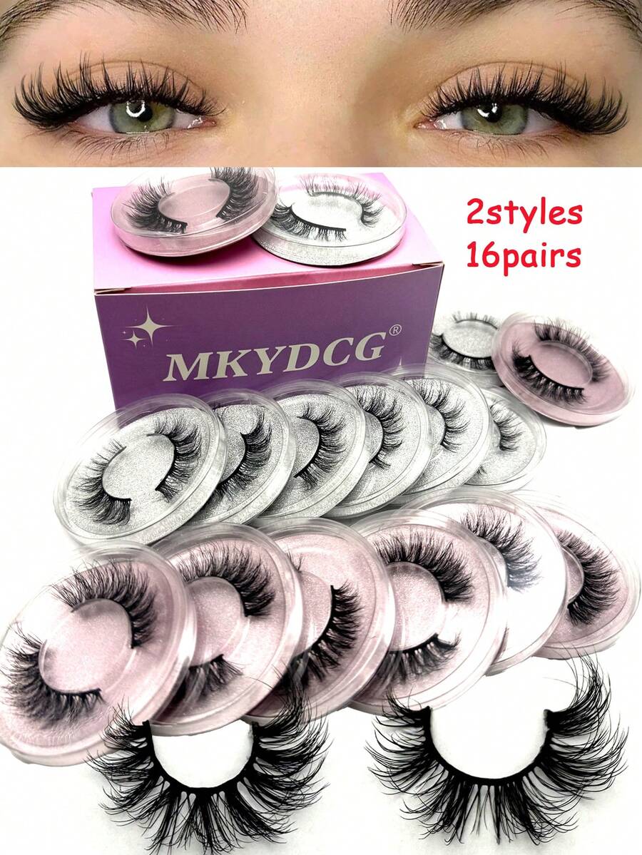 10/16/21 Pairs Fluffy&Thick 3D False Eyelashes With Glitter Paper Box,Lashes Bulk Christmas Gifts,3D Cat Eye Eyelashes Natural Soft,Protable, Makeup Manga Lashes,Dramatic Messy Mink Lashes Wispy, Individual Package Faux Mink Lashes Wholesale - 黑色 - 查看 1