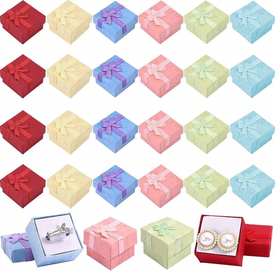 24 Pcs Gift Box Set,Assorted Color Jewelry Boxes,Small Hard Gift Box For Ring Earring,Jewelry Gift Boxes With Ribbon Bowknot,Cardboard Ring Boxes For Birthdays Anniverss Weddings,6 Colors{Inchcolorinch:InchPink, Yellow, Red, Blue, Dark Blue, Light Greeninch} - Pink, Yellow, Red, Blue, Dark Blue, Light Green - View 1