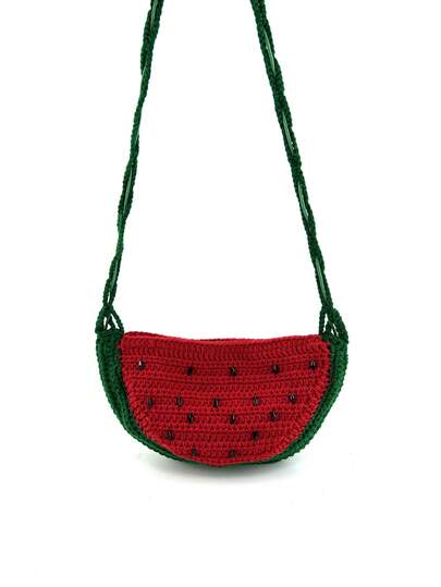 Handmade Crochet Watermelon Shaped Beaded Crossbody Bag