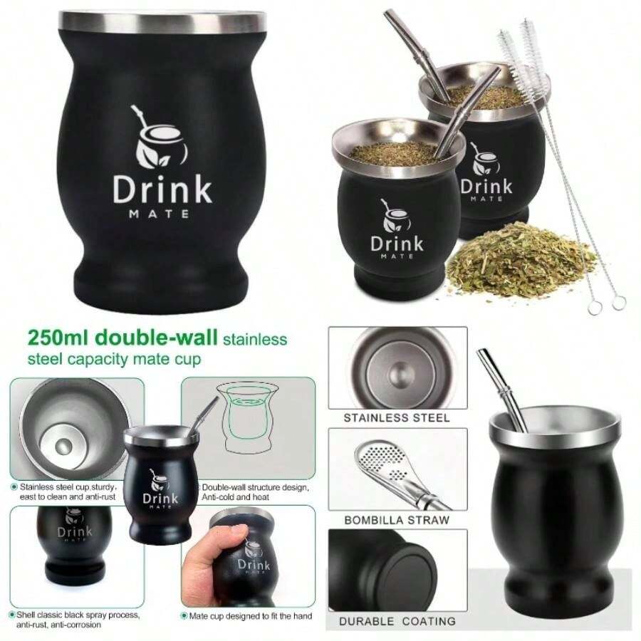 Mate Natural Gourd/Tea Cup Set Includes 1 Bombilla 1 Cleaning Brush Stainless Steel Double - Walled - DRINK MATE Black - 黑色 - 查看 1