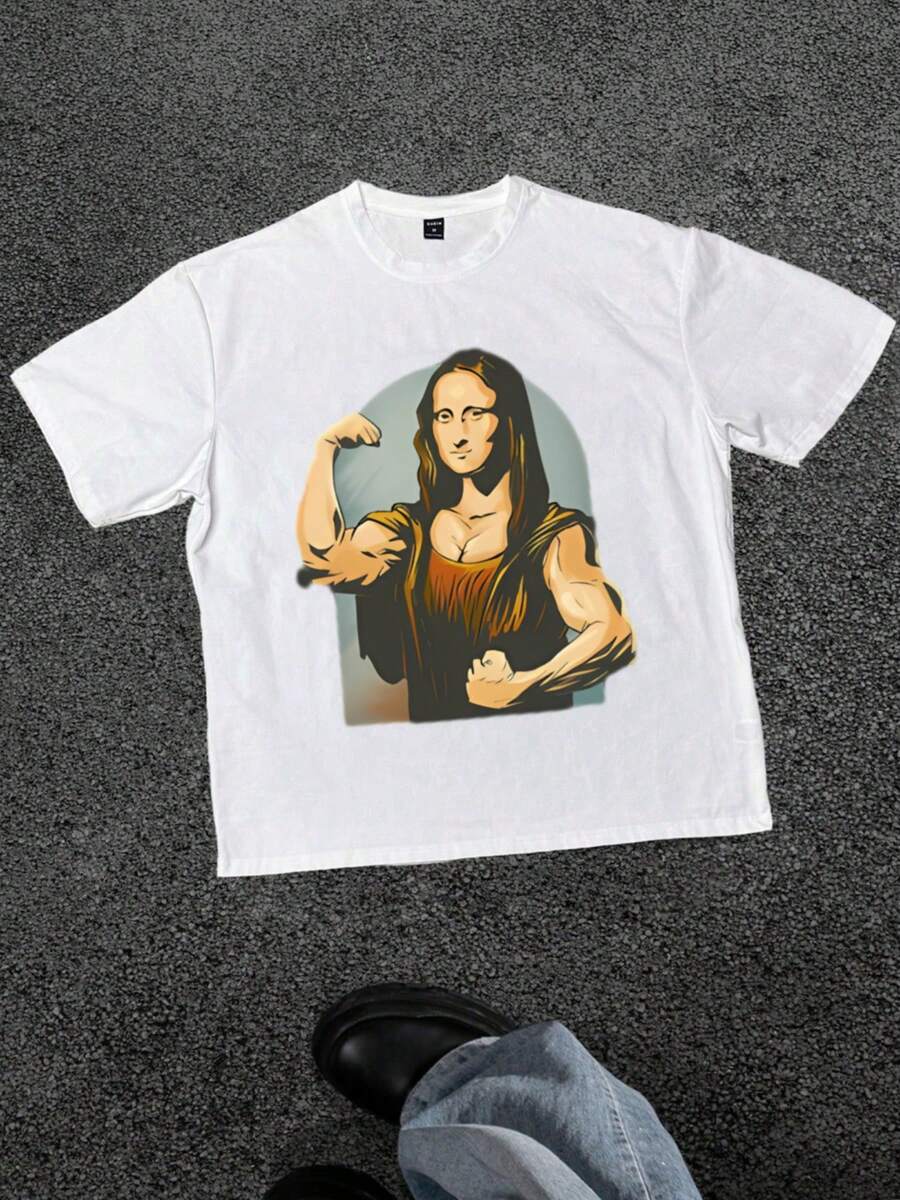 Camiseta Mona Lisa musculosa estilo humorístico, Camiseta casual de manga corta de algodón puro y suave, 220 gramos por metro cuadrado - Blanco - Ver 1