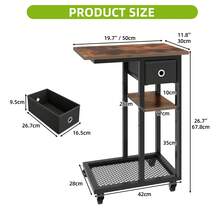 C-Shaped End Table, Slim Sofa End Table With Fabric Drawer, Open Compartments And Lockable Wheels, Movable Side Table, Rustic Brown -By GeoTower - Dark Rustic Oak - View 4