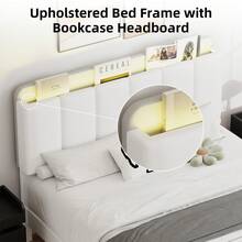 LED Bed Frame With Storage Headboard, Queen Bed Frame With Bookcase Headboard, PU Leather Upholstered Furniture, No Box Spring Needed, Easy Assembly, Christmas Gifts, Bedroom Deccor, Twin/ Full/ Queen, Black/ White (USB LED Strip) - 白色 - 查看 2