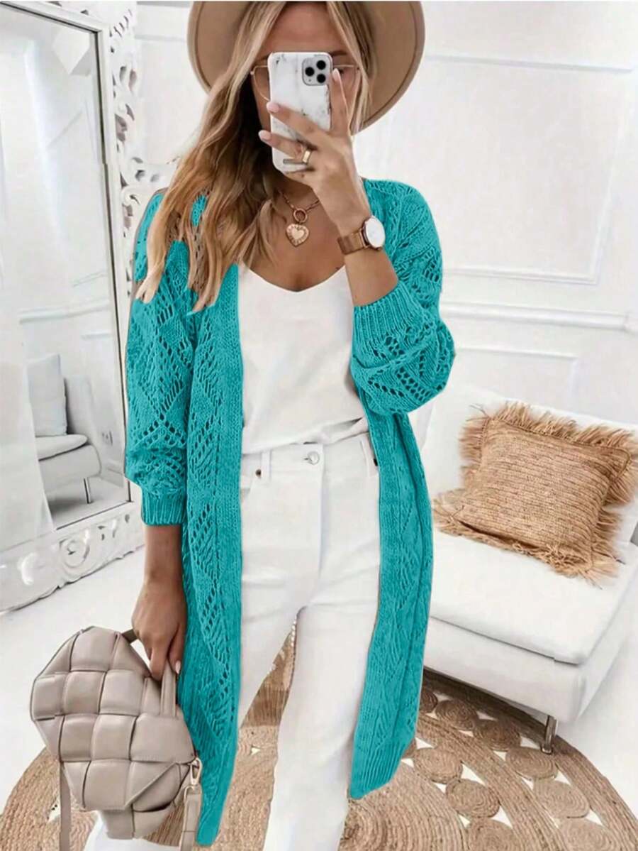 大码女式休闲长袖纯色镂空针织开衫 - 纽扣前襟春季款 - 冰藍 - 查看 1