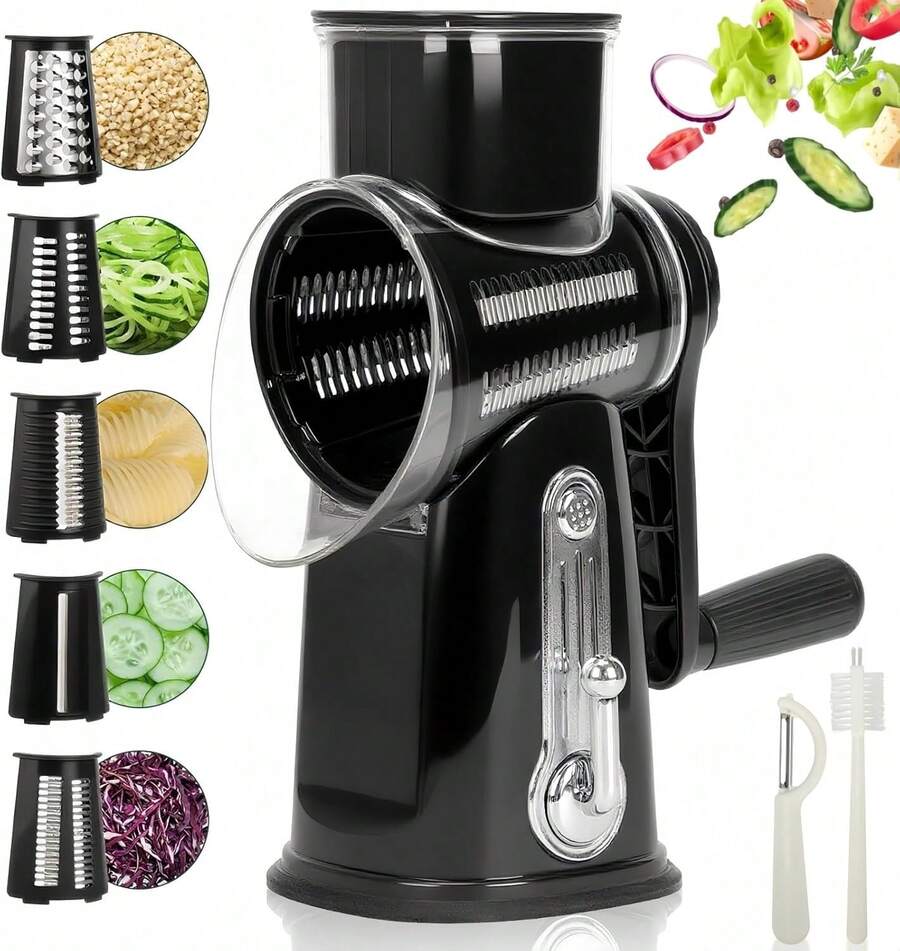 Rotary Cheese Grater With Handle, Manual Vegetable Slicer Grater With 5 Detachable Stainless Steel Blades, Round Grater Slicer Hand Crank Food Chopper For Kitchen With Blade Storage Box,26345160 - Black - View 1