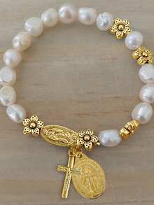 1pc Faux Pearl Beaded Flower & Cross Virgin Mary Pendant Bracelet, Vintage Style Suitable For Men And Women Daily Wear, Jewelry Gift