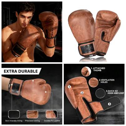 1 Par de Guantes de Boxeo Vintage FIVING, Guantes de Muay Thai, MMA, Saco de Boxeo, Lucha, Entrenamiento para Adultos, Duraderos, Acolchado Grueso, Adecuados para Saco de Boxeo en Casa, Sparring, Competición, Diseño Retro, Color Marrón