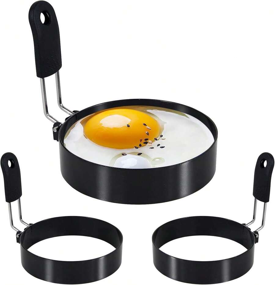 [Latest Upgrade, Premium Quality]Silicone-Handled Egg Ring, Stainless Steel Egg Ring With Non-Stick Coating. Perfect For Omelets, Gourmet Breakfasts, And Breakfast Egg Molds. Easily Create Delicious Egg Cup Sandwiches, Pancakes, And More. Achieve Perfectly Round Eggs You'll Proudly Place Atop Burgers. Professional Chefs Favor Our Stainless Steel Egg Ring Molds For Their Superior Durability Over Silicone Alternatives. Whether You're A Professional Chef Or Want To Surprise Loved Ones With Delicious Home-Cooked Meals, These Pancake Molds Are The Ideal Cooking Tools To Effortlessly Create Nutritious And Tasty Breakfasts! - 黑色 - 查看 1