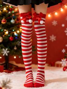 1 Pair Of Classic Red Striped Christmas Socks! With Coordinating Red Bows & White Pom-Poms Perfect For Office Parties & Holiday Gatherings! One Size Fits Most