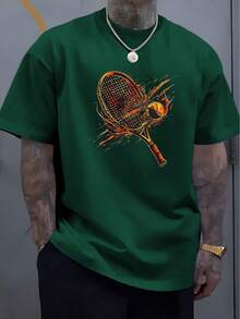 Men'S Casual Summer T-Shirt With Tennis Racket & Ball Graphic - Soft Round Neck, Lightweight & Stretchy, Perfect For Outdoor Sports Enthusiasts, Sports Casual Wear |   Graphic Tee |   Comfortable Fit, Tennis Accessories - 白色 - 查看 7