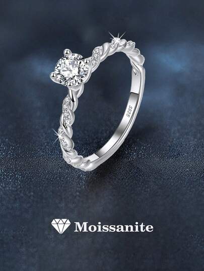 1枚925纯银1克拉莫桑石编织戒指，适合女性日常佩戴，时尚珠宝礼物，适合新娘、婚礼、订婚、求婚派对、度假、生日、母亲节等场合。