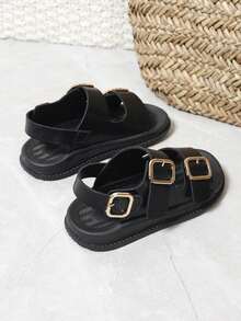 Children's Fashion Metal Buckle Flat Sandals With Hook And Loop - Black - View 2