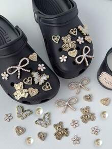 22pcs Elegant Gold Pearl Hole Shoe Charms Set - Butterfly, Heart & Teddy Bear Decor, Hollow Out Clogs Accessories - Gold - View 8