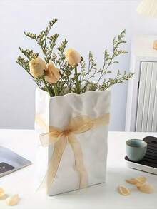 1 قطعة إناء أبيض كبير مستطيل الشكل، إناء زهور من الراتنج لديكور المنزل وغرفة المعيشة - إناء فقط، بدون زهور