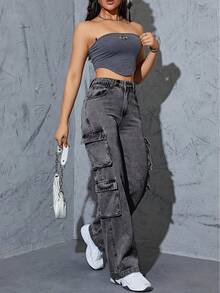Women's High Waist Gray Cargo Jeans, Vintage Wide Leg Denim Pants Y2K Streetwear - 深灰色 - 查看 1