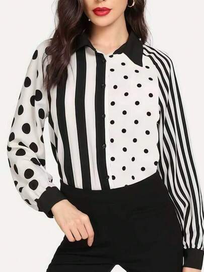 Women's Stylish Long Sleeve Polka Dot Striped Blouse With Shirt Collar Button Details Polyester Regular Fit Top