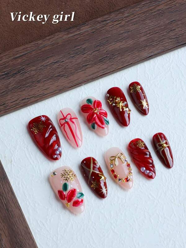 أظافر صناعية حمراء جديدة لرأس السنة، أظافر متوسطة وطويلة مصنوعة يدويًا