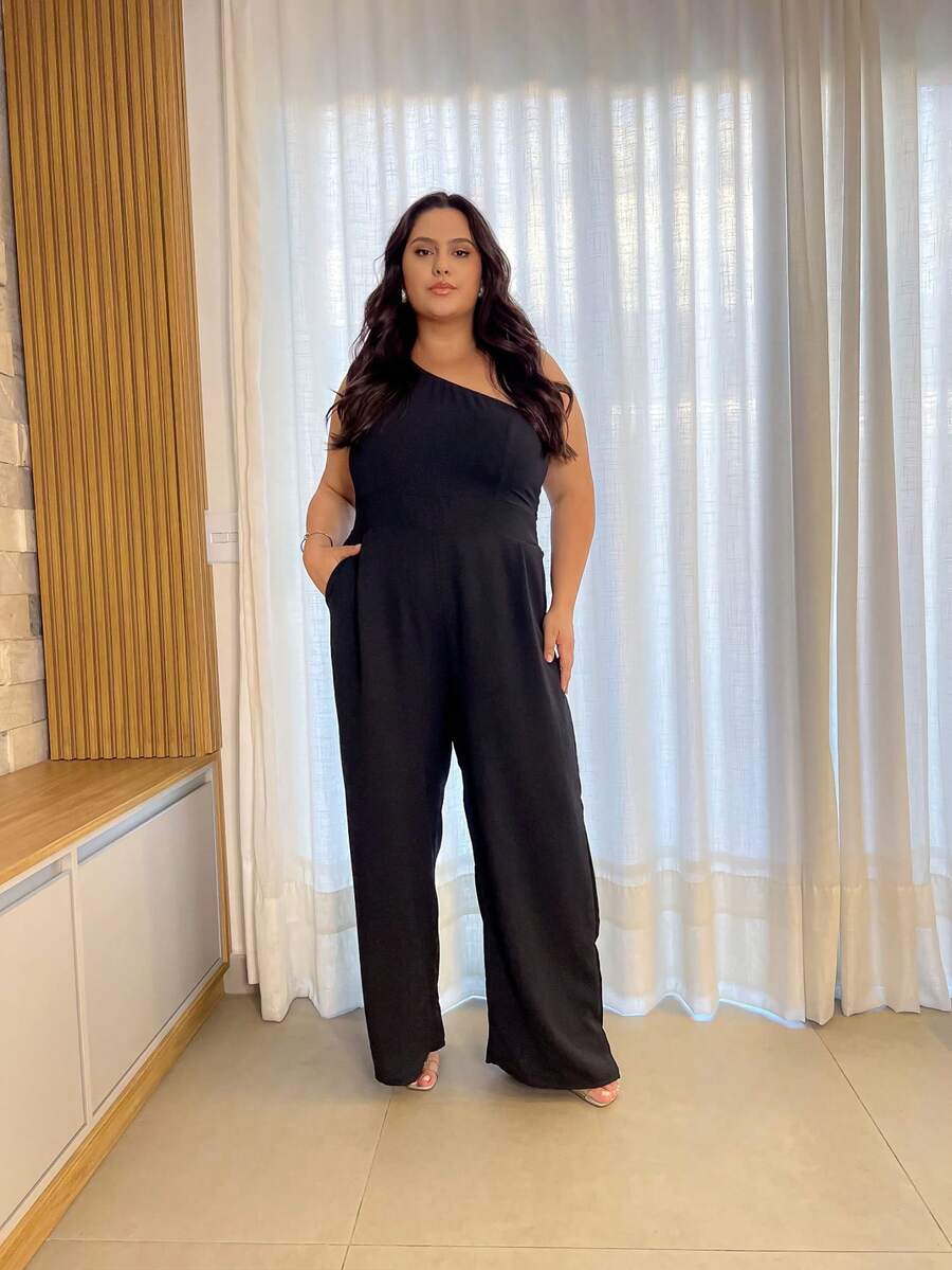 Women's Plus Size Curve Jumpsuit, Long, One-Shoulder, With Bow In Duna Print, Elegant For Parties - Black - View 1