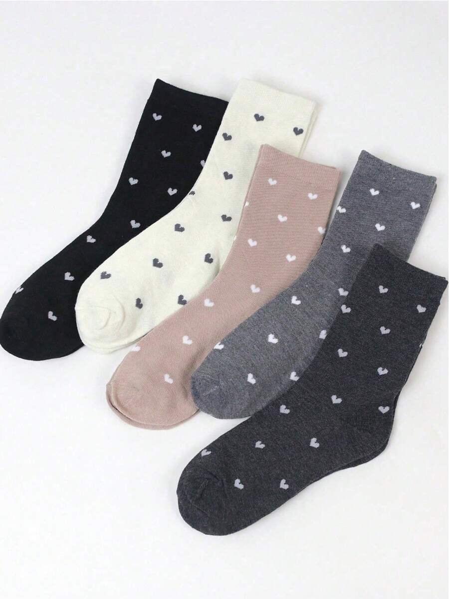 5 Pairs/Pack Women's Heart Pattern Crew Socks, Fashionable & Versatile Socks For Autumn/Winter, Cozy Socks - Multicolor - View 1