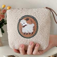 Medium Plush Lipstick Holder/Cosmetic Bag/Coin Purse/Cable & Earphone Pouch, Soft To The Touch In Winter, With Handle & Hanging Strap, Christmas Gift, Women Sanitary Pad Bag - White - View 4