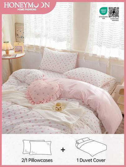 2/3pcs Vintage Style Pink Floral Print Duvet Cover , Soft Microfiber White Pink Floral Bedding Set Girls Flower Botanical Duvet Cover With 4 Ties And Button Closure Aesthetic Garden Floral Comforter Cover With 1/2 Pillowcases(No Comforter), ,Good Gifts For Lover(No Comforter) Fit For Twin Full Queen King All Size.For Home Bedding And School Bedding Dorm Essentials, Oeko-Tex Certified