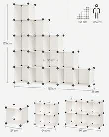 Meuble Rangement 16 Cubes, Organisateur Modulable, Étagère en Plastique, Séparateur de Placard, Rangement Chaussures, pour Chambre, Bureau, 31 x 153 x 153 cm, Blanc Crème - Blanc - Voir 7
