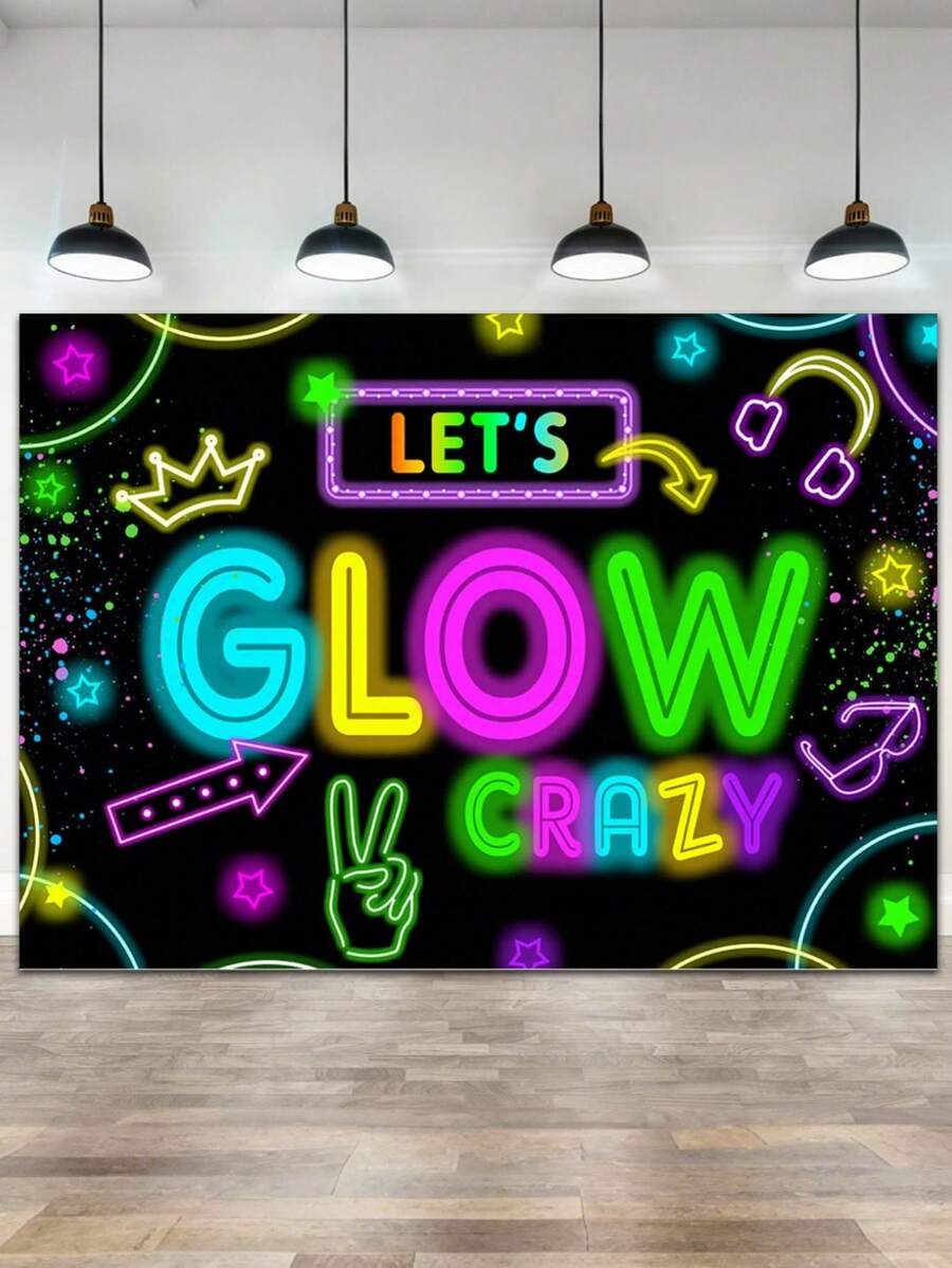 霓虹派对装饰背景，让我们在黑暗中发光横幅摄影背景，生日睡衣涂鸦泼墨黑光照相亭 - 派对装饰背景 - 彩色 - 查看 1