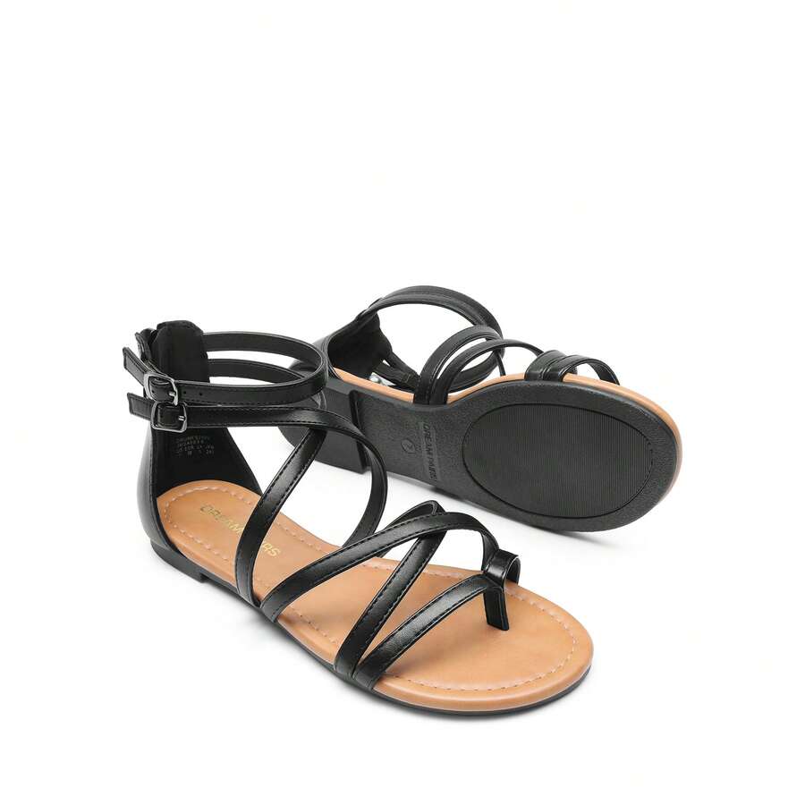 Women Gladiator Thong Sandals Summer Cross Strappy Flat Sandals With Back Zipper Casual Fashion Beach Dress Fisherman Shoes