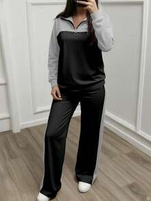 女士休闲套装，宽松翻领上衣搭配阔腿裤两件套，秋冬款 - 黑色 - 查看 2