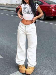 女式 Y2K 宽松直筒牛仔裤，带蝴蝶刺绣口袋 - 白色 - 查看 3