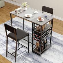 3 Pieces Bar Table Set, Metal Frame Dining Table And 2 Stools, Breakfast Dining Furniture Sets With Wine Racks And Open Shelves For Home Kitchen Pub Cafe - Grey - View 2