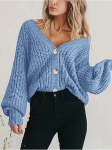 Women's Fall Chunky Knit Open Front Sweater Long Sleeve Button Loose Short Cardigan Outerwear Coats - Màu xanh nhạt - Xem 5