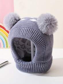 儿童秋冬护耳帽，男女通用婴儿防风雪帽，带双绒球，针织保暖帽 - 1PC - 查看 2