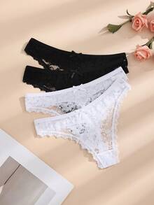 4pcs/Pack Women's Black & White Sexy Lace Patchwork Butterfly Thong Panties, Seamless & Stretchy - Black and White - View 4