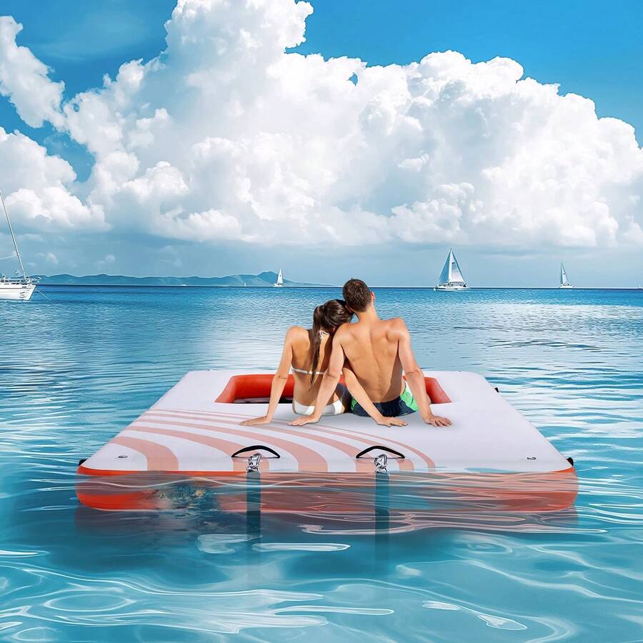 Inflatable Floating Dock, 15x6.5FT Inflatable Dock Platform With 4*6FT Trampoline Mesh Pool, Non-Slip Floating Platform Water Mat With Portable Bag & Detachable Ladder For Pool Beach Relaxation - 白色+橙色 - 查看 1