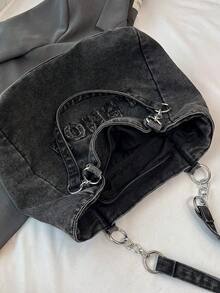 Túi Tote Denim Màu Trơn Mới, Có Trang Trí Chữ Cái Và Quai Đeo Bằng Kim Loại, Dung Tích Lưu Trữ Lớn, Khóa Kéo, Túi Đeo Vai Nữ Cổ Điển, Thích Hợp Cho Những Buổi Đi Chơi Hàng Ngày, Đi Làm Và Thu Hút Những Người Trẻ Theo Đuổi Cá Tính. - màu đen - Xem 10