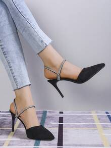 Summer New Rhinestone Pointed Toe Thin Heel Closed Toe Backless Sandals For Women - Black - View 3