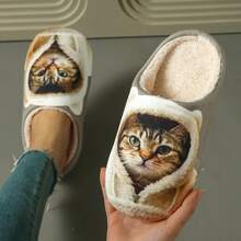 女士卡通猫咪保暖加厚毛绒拖鞋，秋冬季室内家居拖鞋 - 綠色 - 查看 2