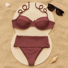 High-Waisted Ribbed Hot Pants Bikini Set For Beachwear. - 鏽棕色 - 查看 3
