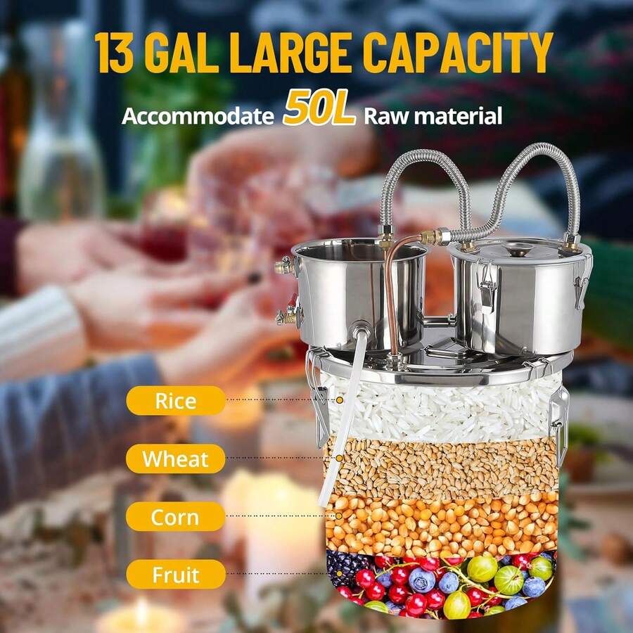 Destilador Doble Enfriado de 19 L, Kit de Destilación en Acero Inoxidable con Serpentín de Cobre y Termómetro, 3 Ollas Multiusos para Hacer Whiskey o Brandy en Casa – Still Kit - Plateado - Ver 1