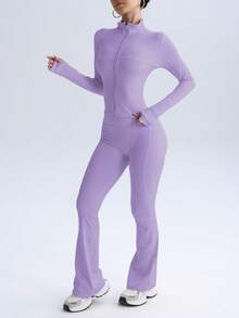 PinkTip Pink Tip 女士纯色无缝弹力夹克和紧身裤运动套装，提臀修身柔软裤，休闲运动服，适合日常、健身、锻炼、跑步、瑜伽、普拉提 - 淡紫色 - 查看 6