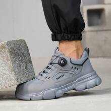 GUYISA 1双男士钢头安全鞋，防砸防刺，旋转快拆，低帮，灰色，四季皆宜，橡胶鞋底，时尚实用工作鞋