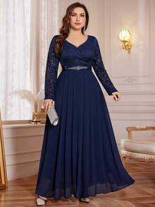 V-Neck Floral Lace Patchwork Chiffon Rhinestone Belt Formal Party Maxi Dress, Suitable For Valentine's Day, Wedding Guest, Birthday, Graduation Ceremony, Gala - Navy Blue - View 4