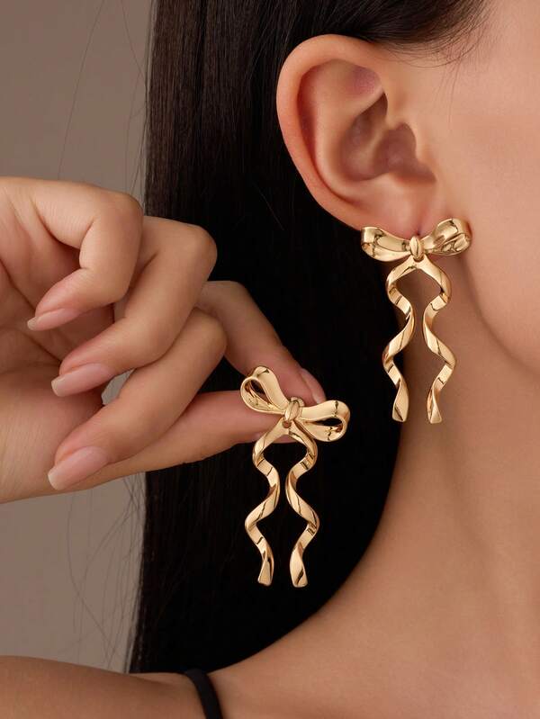 1Pair 14K Gold Metal Ribbon Charm Bow Stud Earrings, Women's Fashion Wedding Earring, Elegant Long Earrings, Perfect Gift For Mother's Day, Valentine's Day, And Christmas