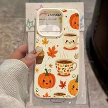 Adorable White Lychee-Textured Autumn Pumpkin And Coffee-Print Mobile Phone Case, Suitable For The 16 Pro Max, 15, 14 Plus, 13, 12 And 11. The Perfect Gift For Family And Friends, Festive Accessories, Festive Gifts, Pumpkin Print, Seasonal Accessories, Smartphone Accessories, Coffee Print, Autumn Theme, Durable Material - White - View 5